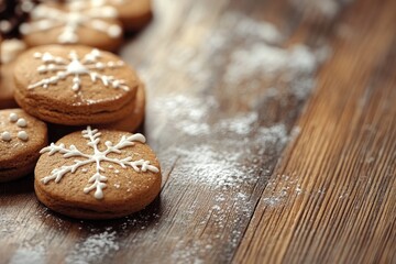 Christmas gingerbread cookies with sugar icing resting on wooden table