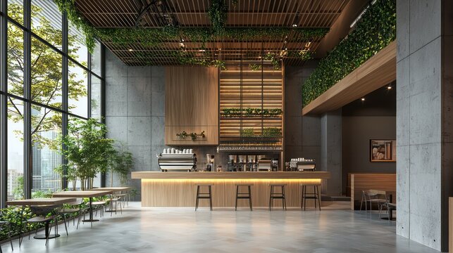 A sleek modern cafe with an open-concept layout, high ceilings, and a minimalist design featuring natural wood and greenery