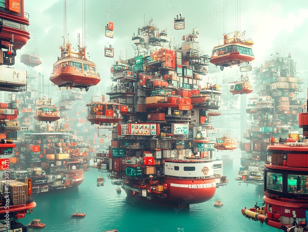 Poster autonomous container ships towering industrial structures and smart logistics employing predictive a