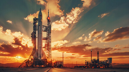Obraz premium space rocket on the launch pad, panoramic shot of the sky and setting sun in the background, rocket, space, launch, mission, spaceship, astronaut