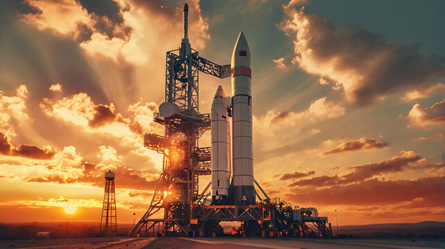 space rocket on the launch pad, panoramic shot of the sky and setting sun in the background, rocket, space, launch, mission, spaceship, astronaut