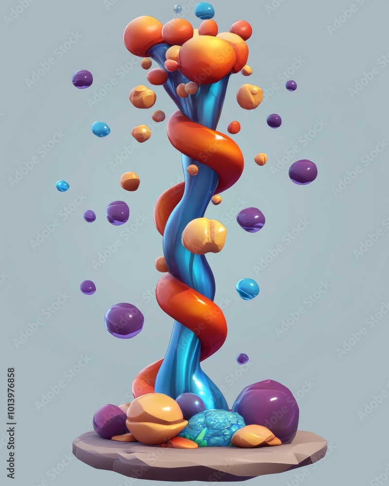Poster a lively composition features swirling forms surrounded by colorful floating spheres