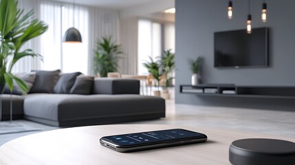 Mobile phone with a smart home app in a modern living room, highlighting tech integration in everyday life