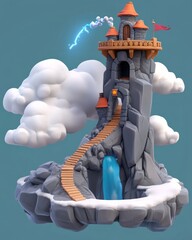 Naklejka premium A magical castle features a spiral staircase glowing door and playful stormy elements