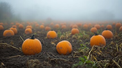 Pumpkin patch during harvest season, a foggy morning with dew-covered pumpkins , eerie atmosphere