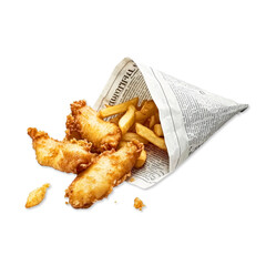 Typical British fish and chips in a paper cone. Generative AI.