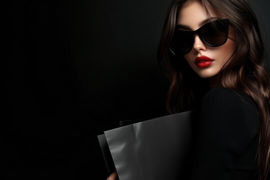 Elegant woman in black dress and sunglasses holding handbag on dark background, minimalistic fashion shot with copy space
