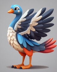 A charming blue and orange goose showcases its impressive wings in a colorful design