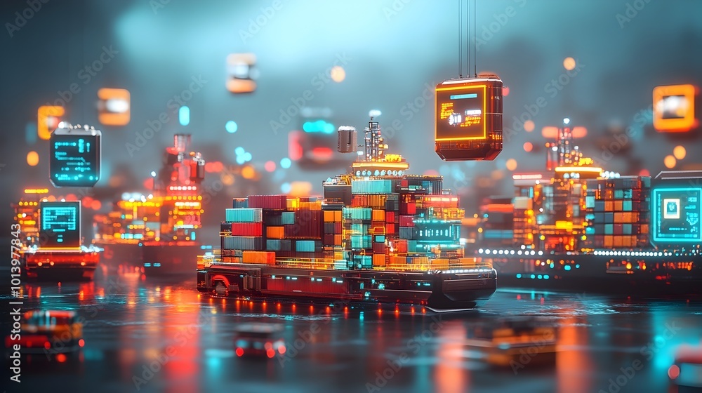 Poster futuristic cargo ships and maritime freight carriers utilizing advanced data analytics automation an