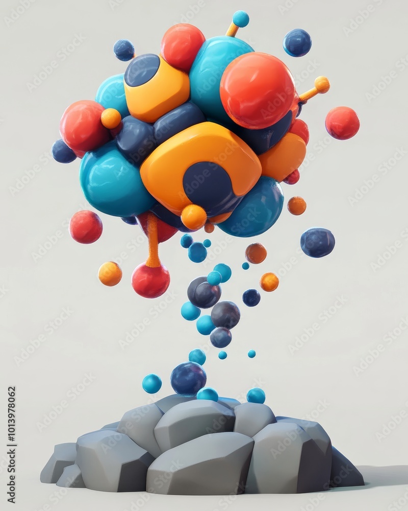 Poster colorful marbles hover playfully over a rugged rock creating a magical visual spectacle
