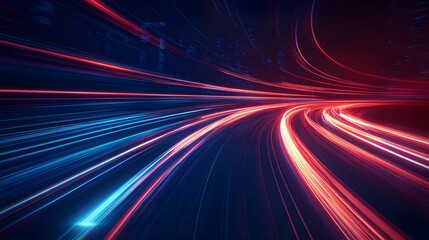 Modern abstract high-speed movement with dynamic motion light trails on a dark blue background
