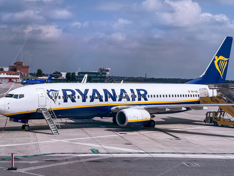 The airplane of Ryanair staying at the Turin airport, Italy. Ryanair Holdings Plc is an Irish ultra low-cost carrier.