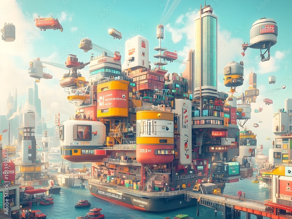 Poster sleek high tech container ships leveraging cutting edge digital technologies to optimize global supp