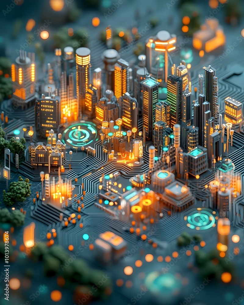Aufkleber detailed macro shot of a complex futuristic cityscape with vibrant data driven market trading chart 