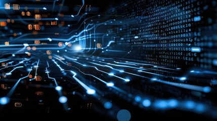 Futuristic Data Science & AI Technology Image Glowing Blue Circuit Board, Digital Code, Cloud Systems, Cybersecurity & Holographic Networks