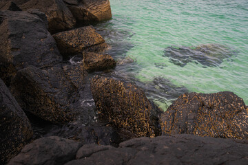 The rugged rocks jutted out into the endless expanse of the sea, creating a mesmerizing contrast of textures and colors.