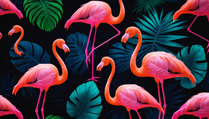 Obraz premium neon flamingos glowing against a tropical backdrop