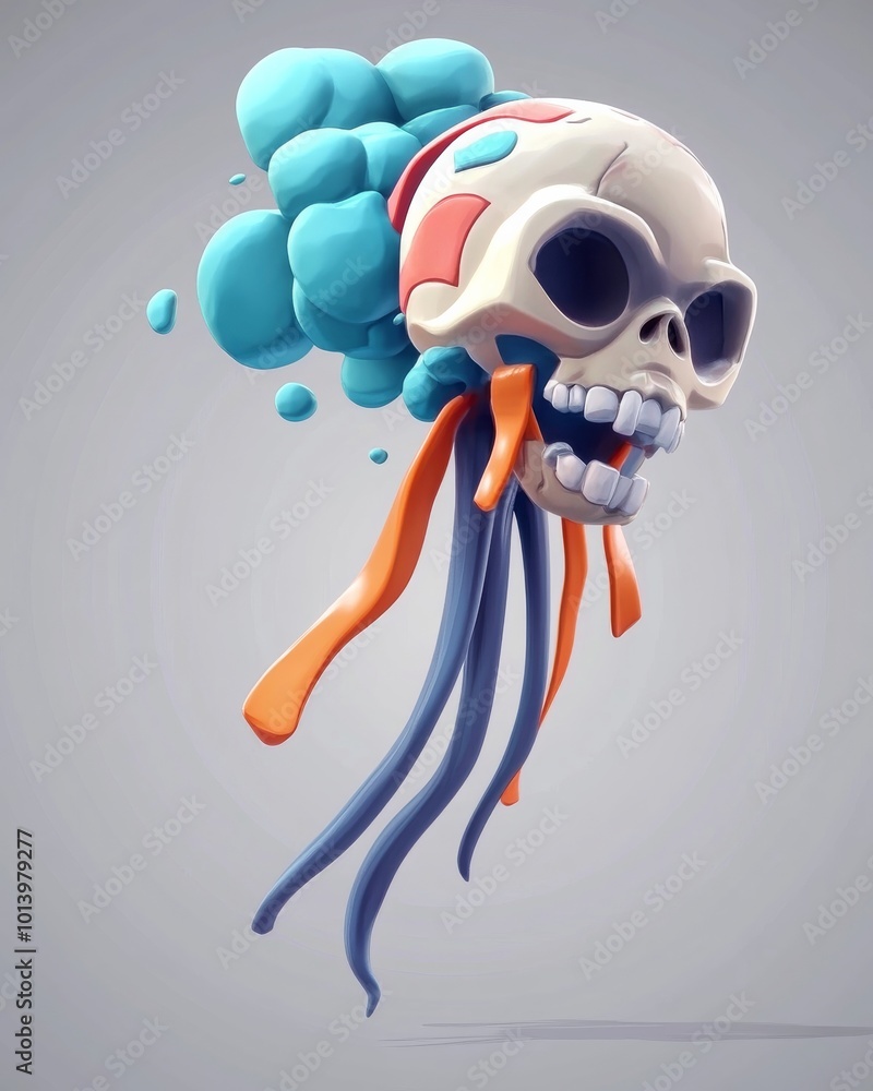 Poster a stylized skull floats with colorful tendrils and bubbles creating a surreal vibe