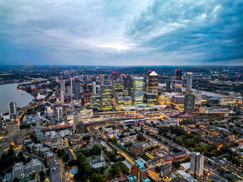 Canary Wharf aerial shot London UK