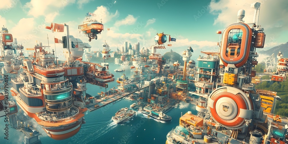 Poster futuristic seaport metropolis featuring towering container ships equipped with advanced ai driven sy