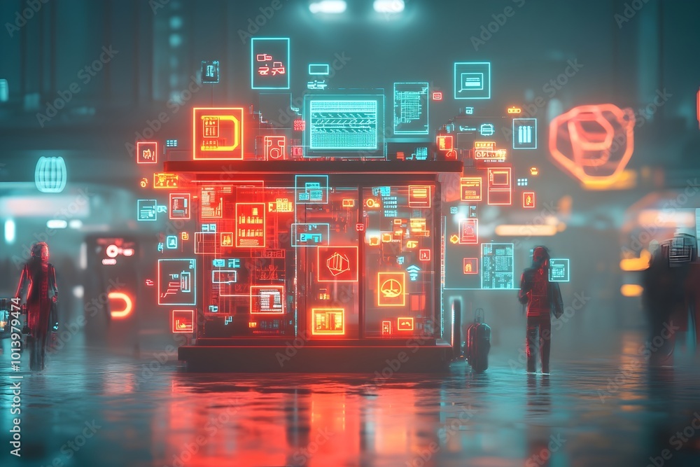 Poster futuristic levitating data cubes and luminous wireframe architecture in a sleek minimalist and cinem