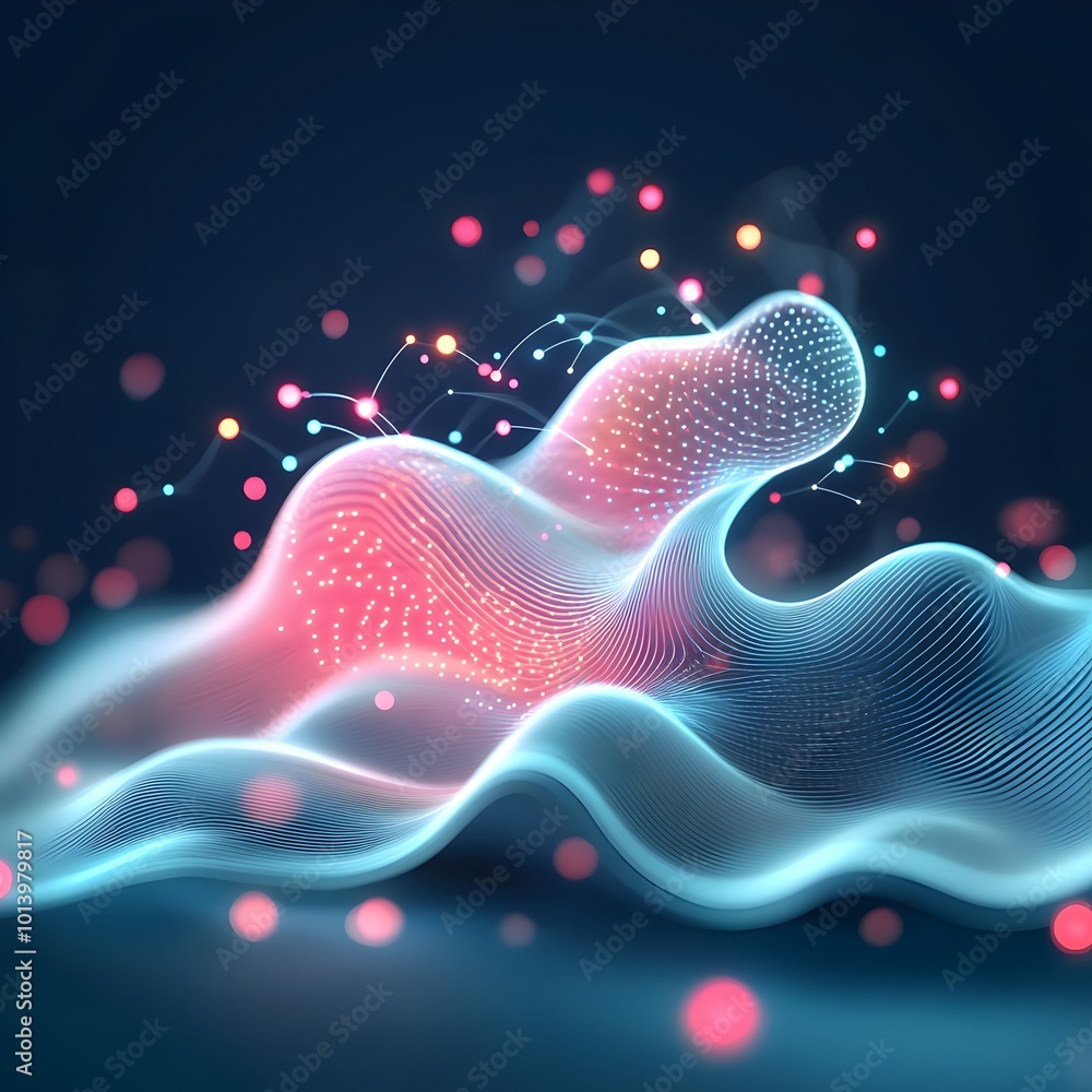 Poster futuristic digital data analysis with fluid geometric overlapping forms and luminous abstract partic
