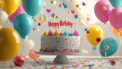 Bright Joy 3D Happy Birthday with a vivid cake, bright balloons, and cheerful confetti