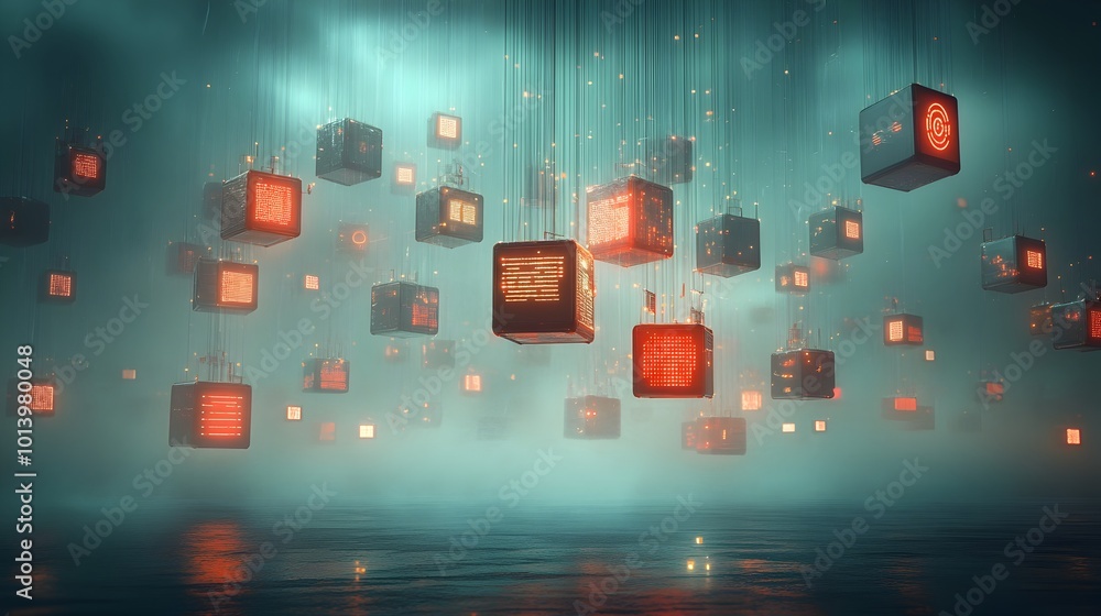 Aufkleber a cinematic and futuristic digital landscape featuring floating data cubes glowing wireframe structu