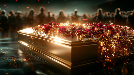 Funeral procession with golden casket and flowers.