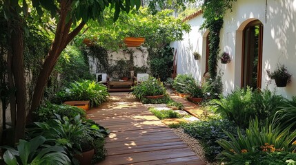 Fototapeta premium A small, lush courtyard with a wooden walkway leading to a white building with an arched doorway. 