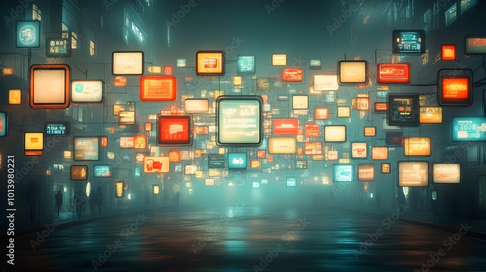 Poster a futuristic digital landscape with floating data cubes glowing wireframe structures and advanced te