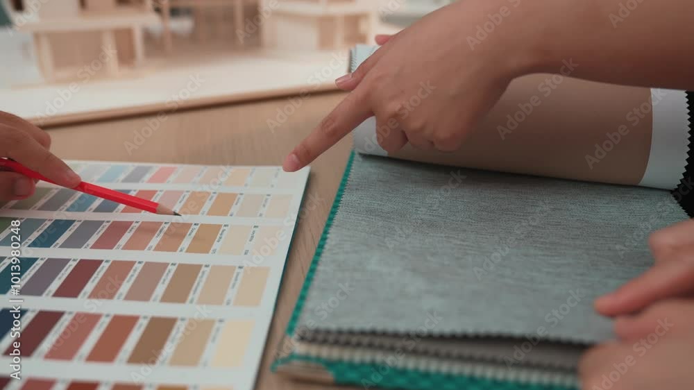 Poster slow motion hand closeup architect and interior designer presenting textile material and color from 