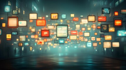 A futuristic digital landscape with floating data cubes glowing wireframe structures and advanced technological innovations showcasing a cinematic vision of progress and the future