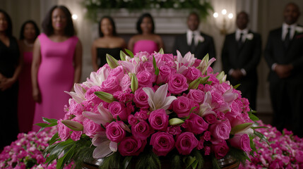 Large floral arrangement of pink roses and lilies at funeral.