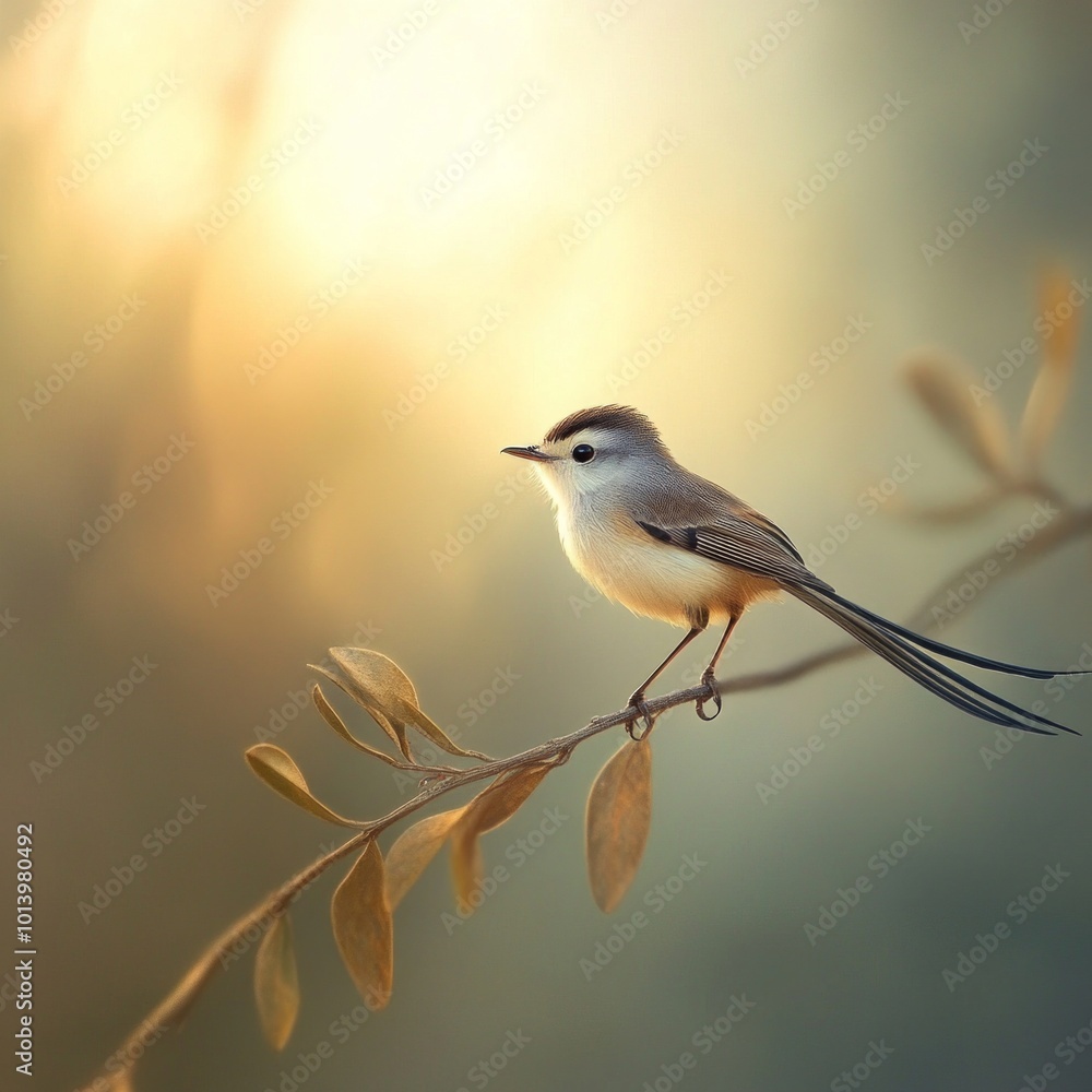 Poster a beautiful bird sits gracefully on a delicate branch. the soft colors create a calm atmosphere. thi