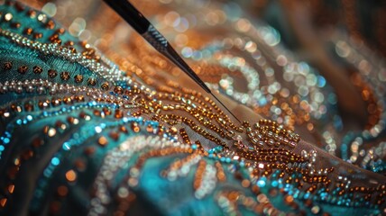 Obraz premium defocused of delicate hand beading work, showcasing tiny beads and shimmering threads