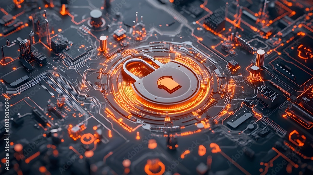 Poster encrypted digital realm with futuristic padlock icon overlaying circuit board and world map imagery 