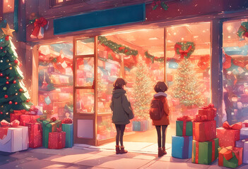 Obraz premium Blurred background of christmas street lights with people strolling with shopping bags