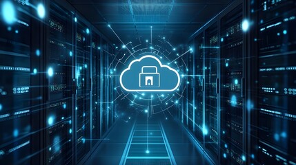 Cloud icon with lock symbol in a futuristic data center, emphasizing data protection and cybersecurity