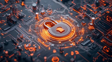 Encrypted Digital Realm with Futuristic Padlock Icon Overlaying Circuit Board and World Map Imagery Intricate Electronic Patterns Glowing Lights and Moody Sci Fi Atmosphere