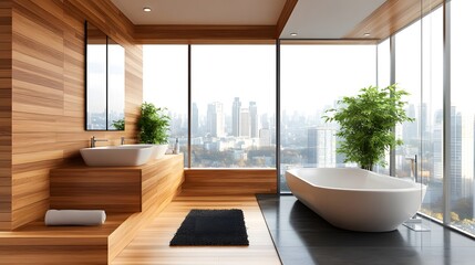 Fototapeta premium Modern bathroom with wooden cabinets, dual sinks, and arched mirrors on a light background