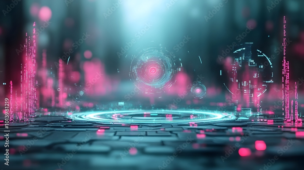 Aufkleber futuristic digital terrain featuring floating holographic projections pulsing energy fields and adva