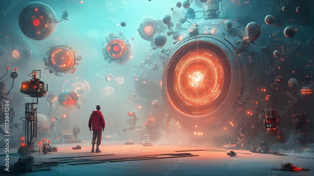 Poster futuristic digital terrain featuring floating holographic projections pulsing energy fields and adva