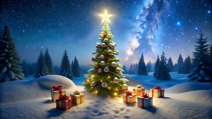 Fototapeta premium christmas tree and gift boxes on snow in night