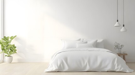Modern bedroom showcasing a bed against a blank wall with light wood flooring, emphasizing a clean and minimalist home decor