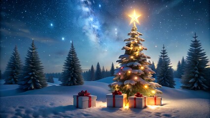 Obraz premium christmas tree and gift boxes on snow in night