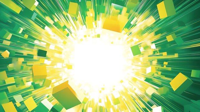 Abstract background with green and yellow cubes exploding outwards towards a bright light in the center.