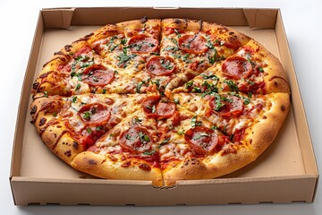 Delicious Pepperoni Pizza in Cardboard Box - Perfect for Fast Food Menus or Culinary Promotions