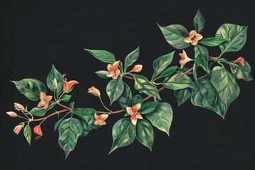 Botanical illustration of a branch with green leaves and orange flowers against a black background. Gymnema. Ayuurveda. Ayurvedic herbs. Generative AI