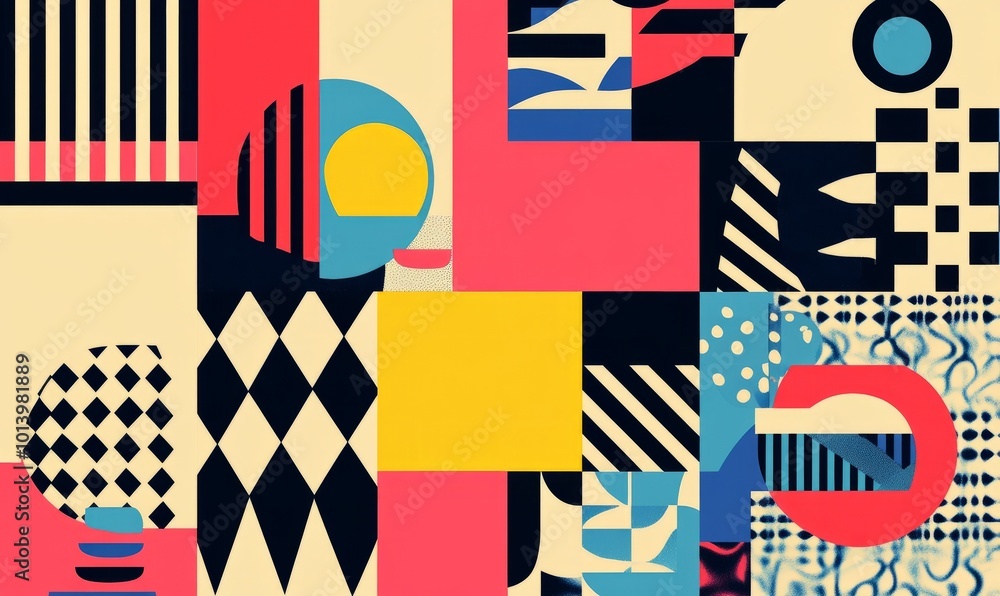 Poster brutalist geometric shapes, modern symbols. groovy checkered pattern, distorted tiled grid. simple e